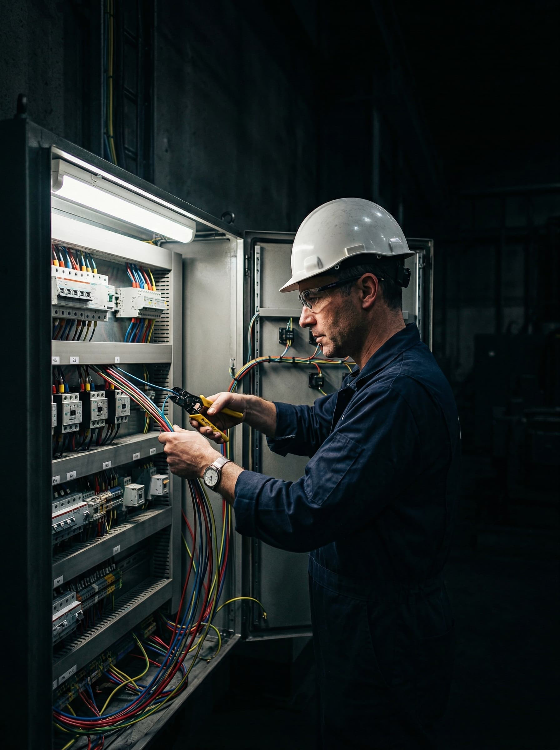 Technicien travaillant sur un panneau de commande électrique